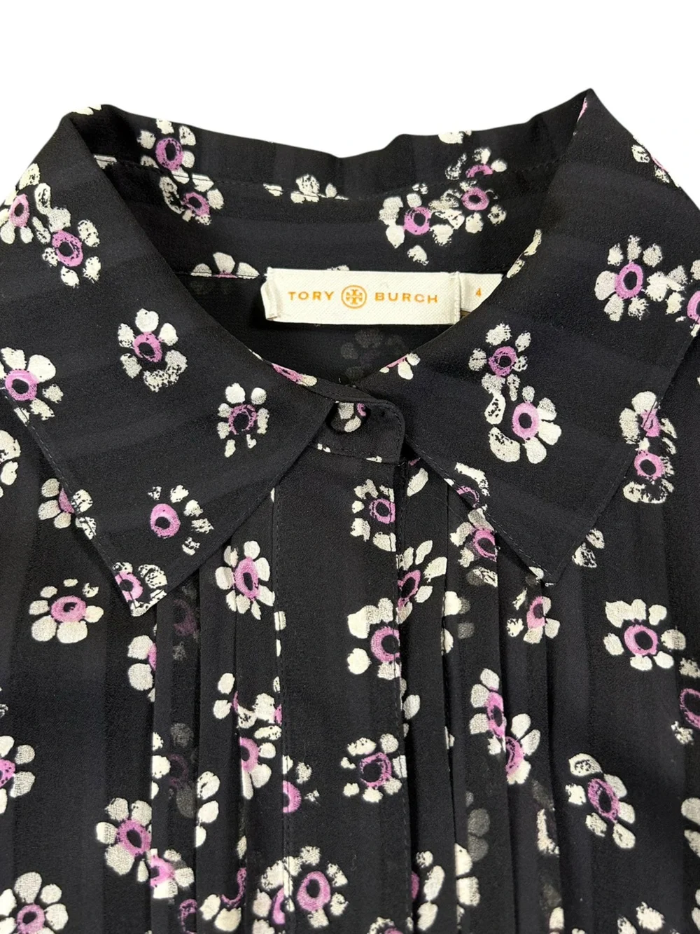 TORY‎ BURCH Avery Silk Floral Mini Shirt Dress Black Pink Size 4 Preppy Resort